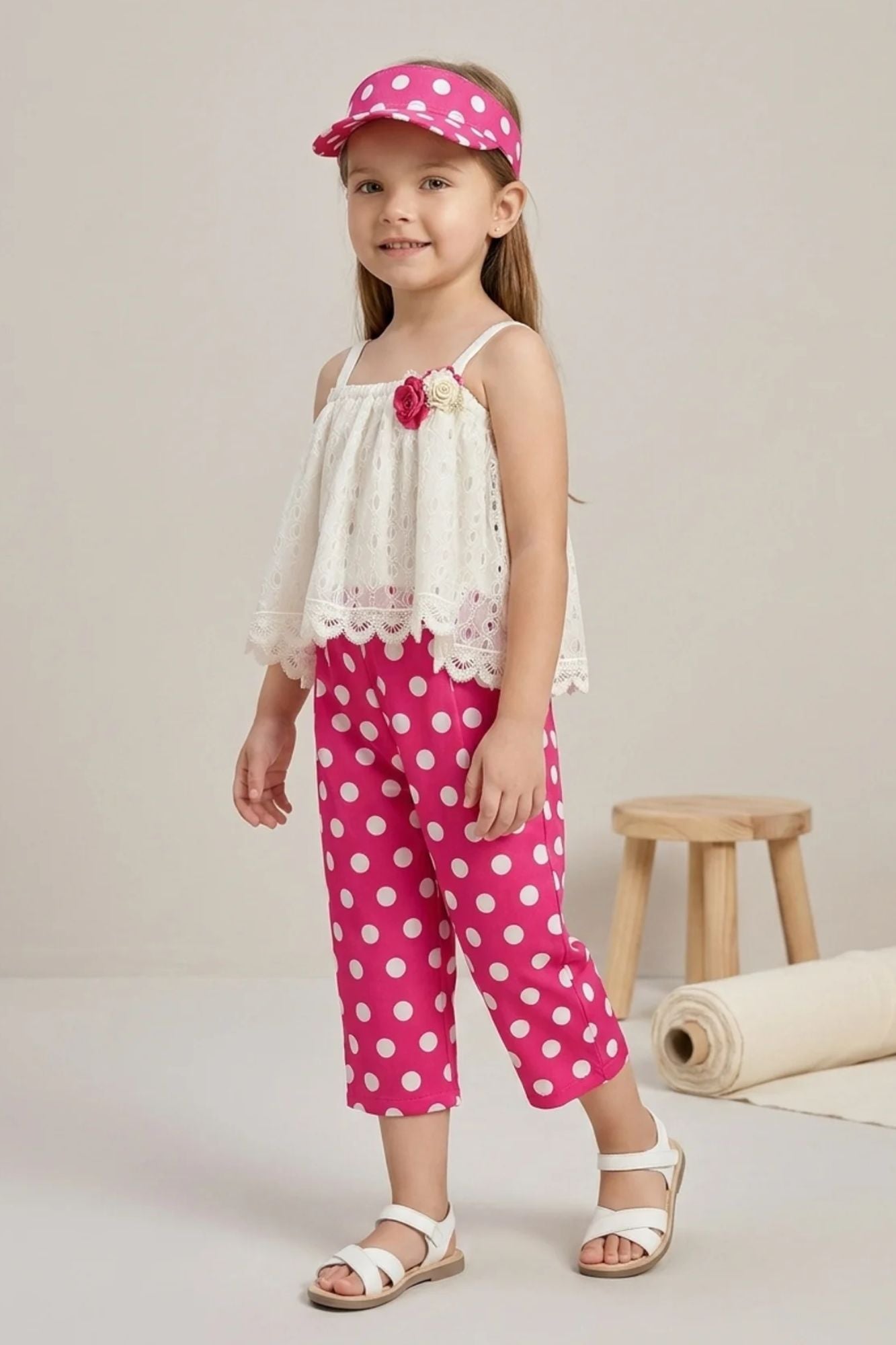 Girls White Lace Top with Pink Polka Dot Capri Pants