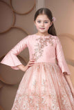 Designer Pastel Pink Floral Embroidered Net Party Gown With Ruffled Hem For Girls
