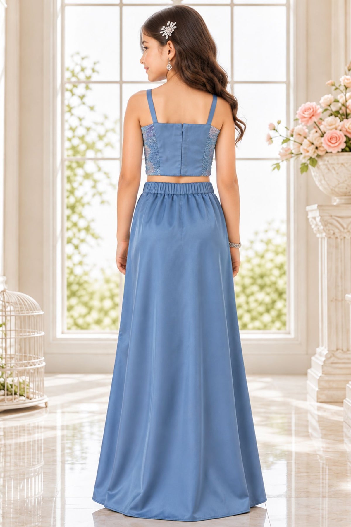 Blue Sequin Embellished Lehenga Set For Girls