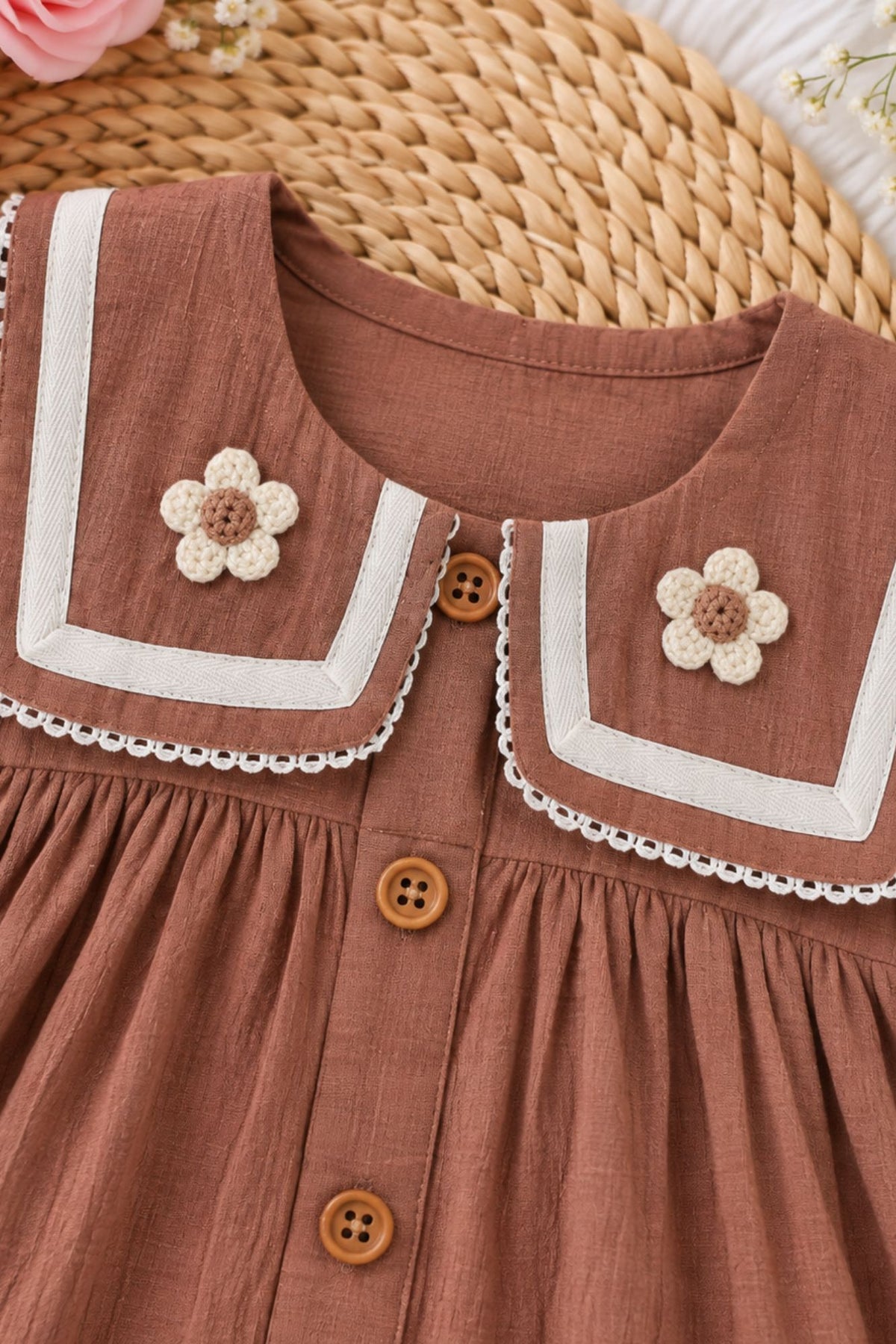 Girls Brown Crochet Flower Sailor Collar Dress