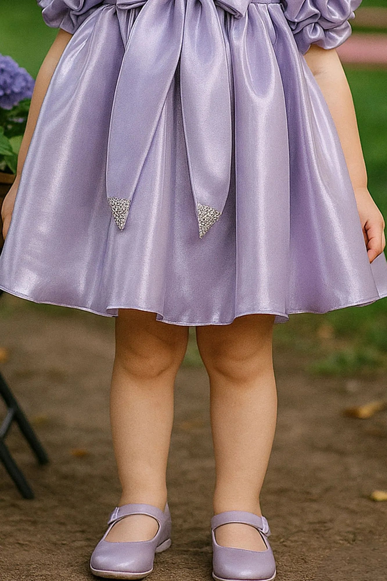 Purple Puff Sleeve And Bow Embellished Frock For Girls