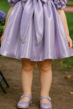 Purple Puff Sleeve And Bow Embellished Frock For Girls