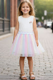 White And Pastel Rainbow Skirt Set for Girls