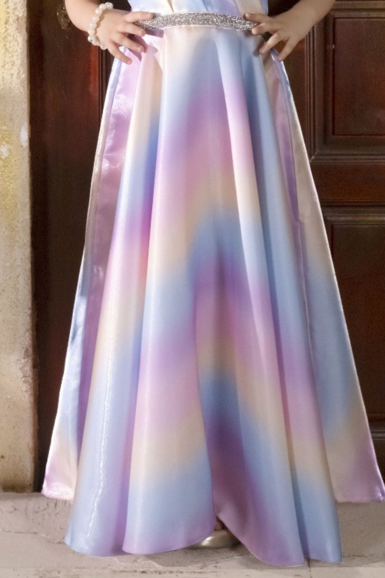 Multicolor One-Shoulder Party Gown with Floral Accent For Girls