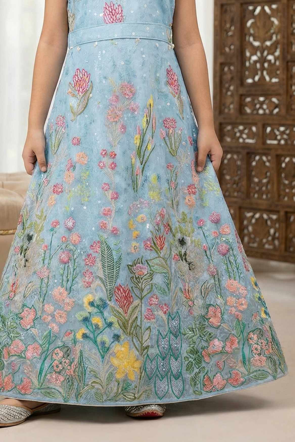 Blue Floral Embroidered Gown For Girls