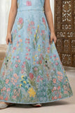 Blue Floral Embroidered Gown For Girls