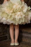 Girls Light Olive Green Party Wear Frock With Sequin Bodice And 3D Organza Petal Detailing
