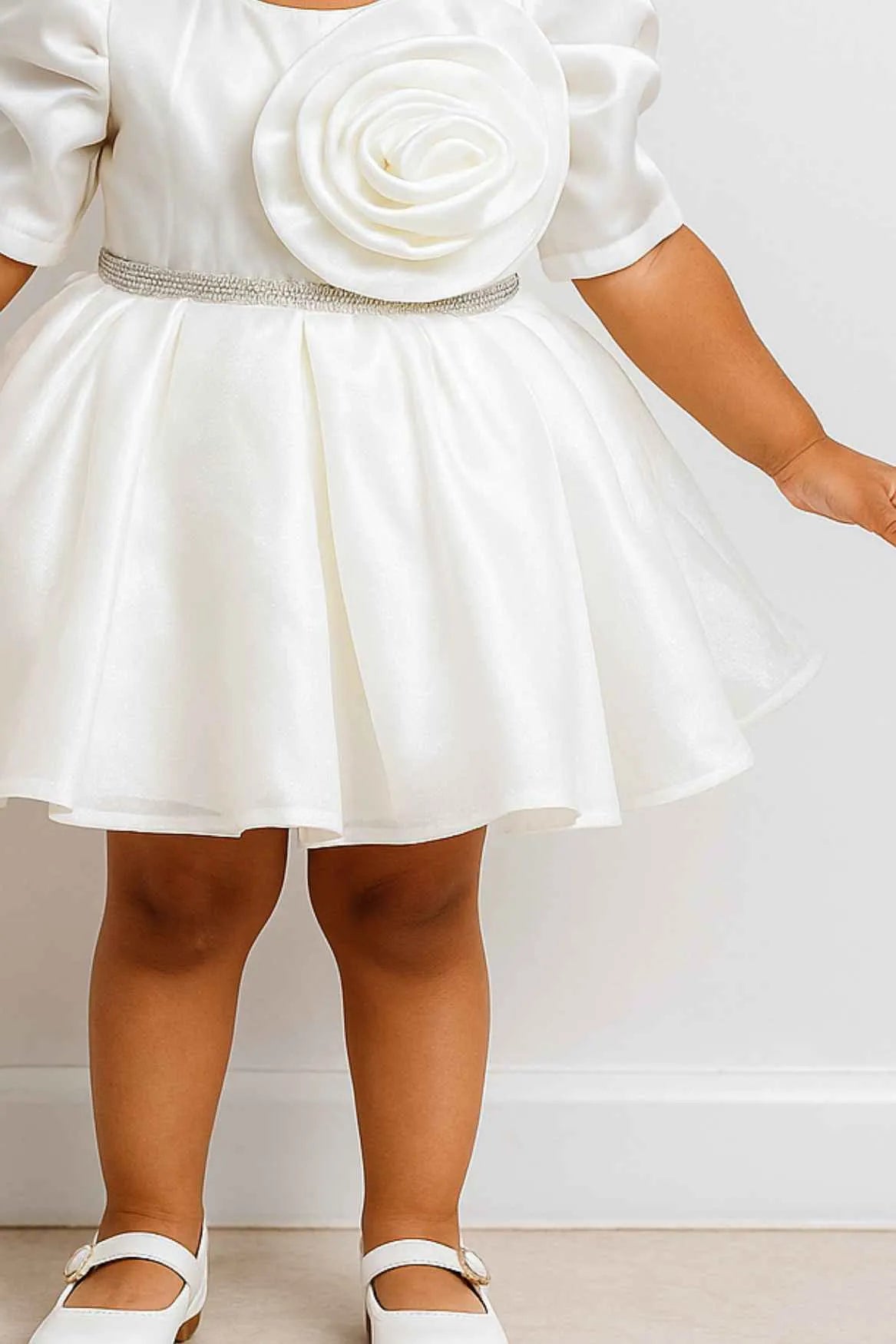 White Puff-Sleeve Party Dress With Rosette  For Girls