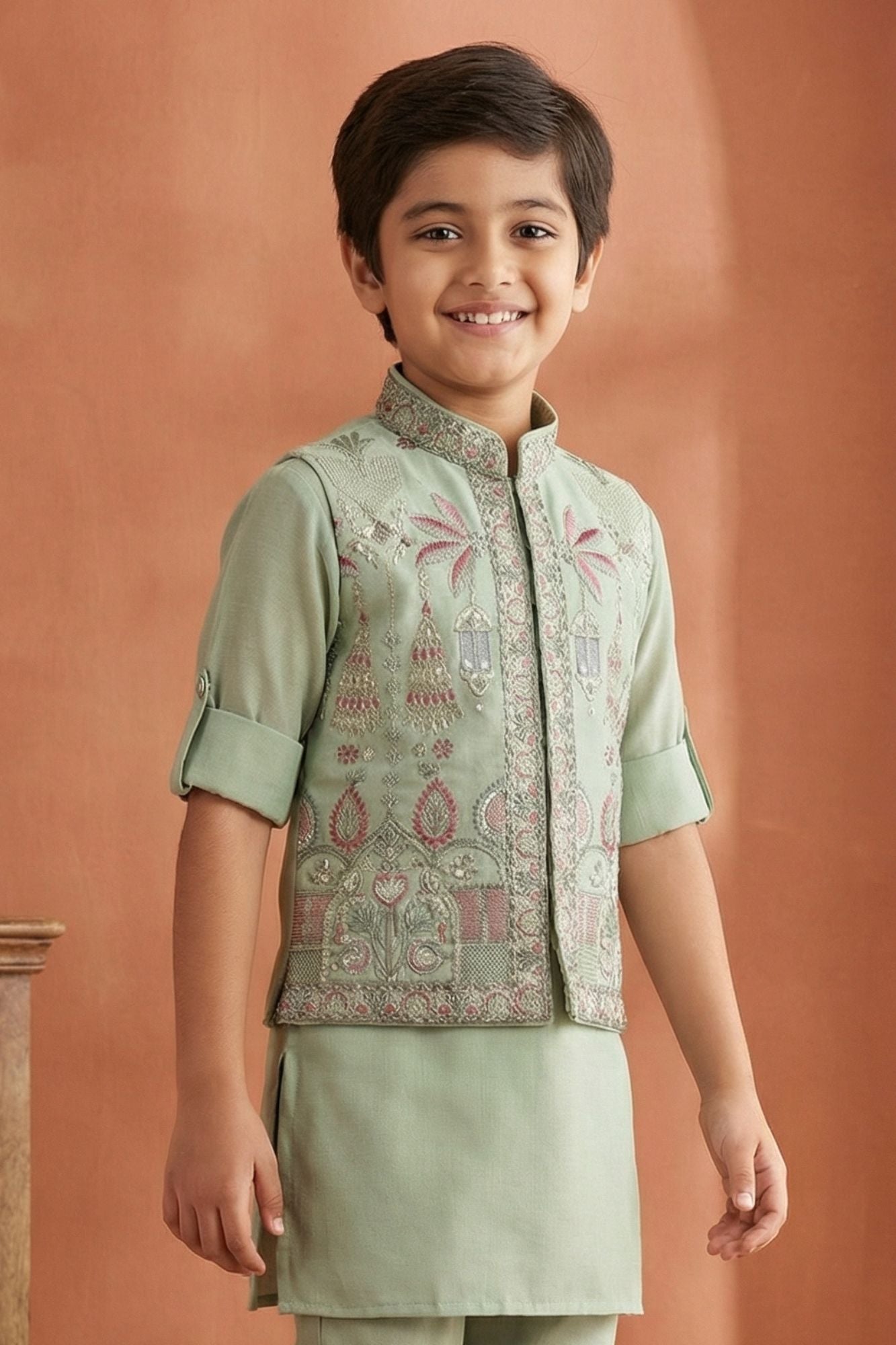 Mint Green Embroidered Kurta Set with Nehru Jacket For Boys