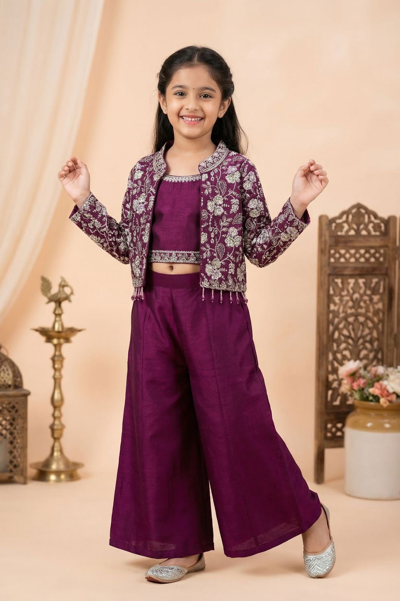 Wine Palazzo Set with Embroidered Jacket For Girls