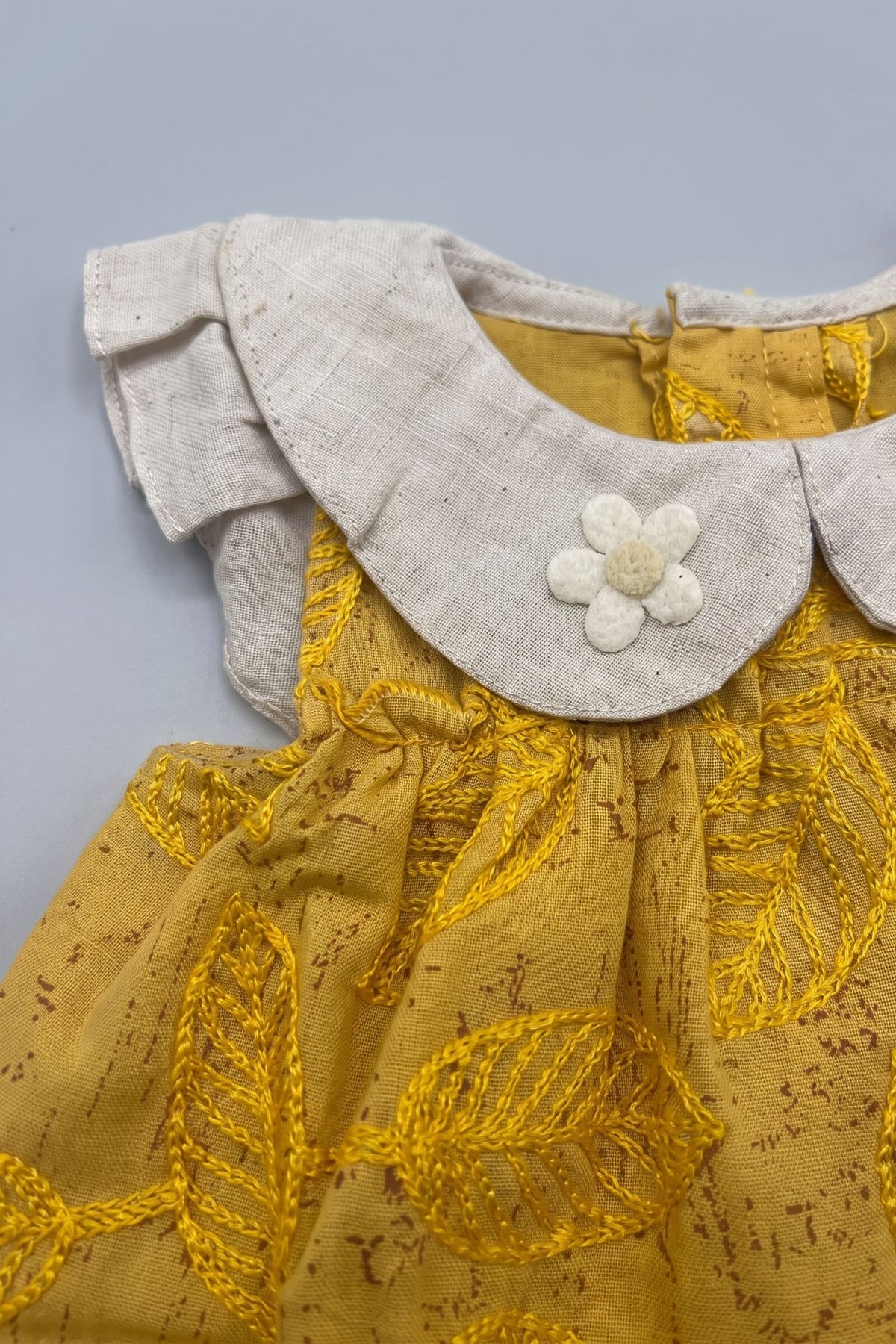 Adorable Girls Mustard Leaf Print Dress with Contrast Peter Pan Collar