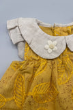 Adorable Girls Mustard Leaf Print Dress with Contrast Peter Pan Collar