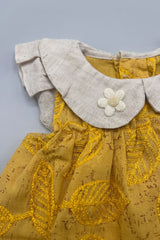 Adorable Girls Mustard Leaf Print Dress with Contrast Peter Pan Collar