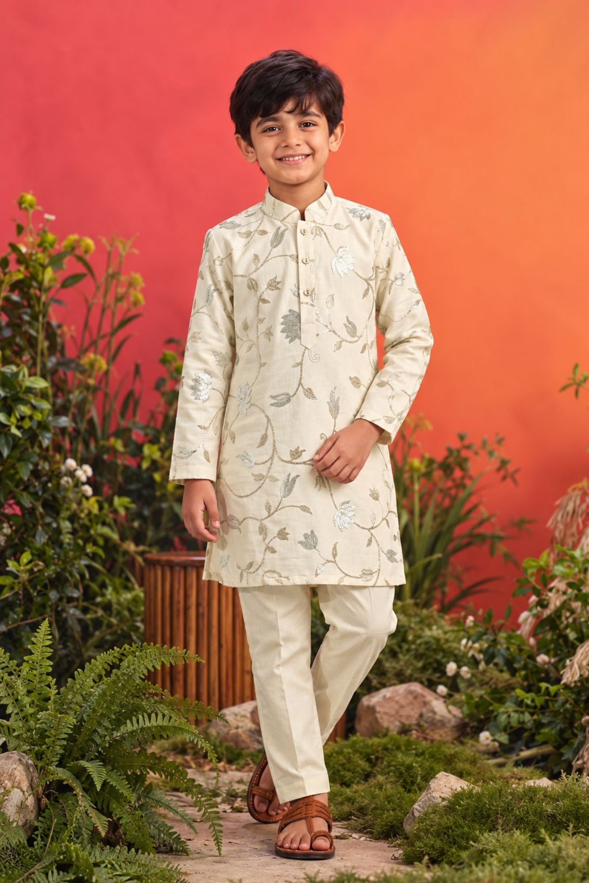 Boys Cream Kurta Pajama Set with Floral Gota Patti And Sequin Work