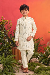 Boys Cream Kurta Pajama Set with Floral Gota Patti And Sequin Work