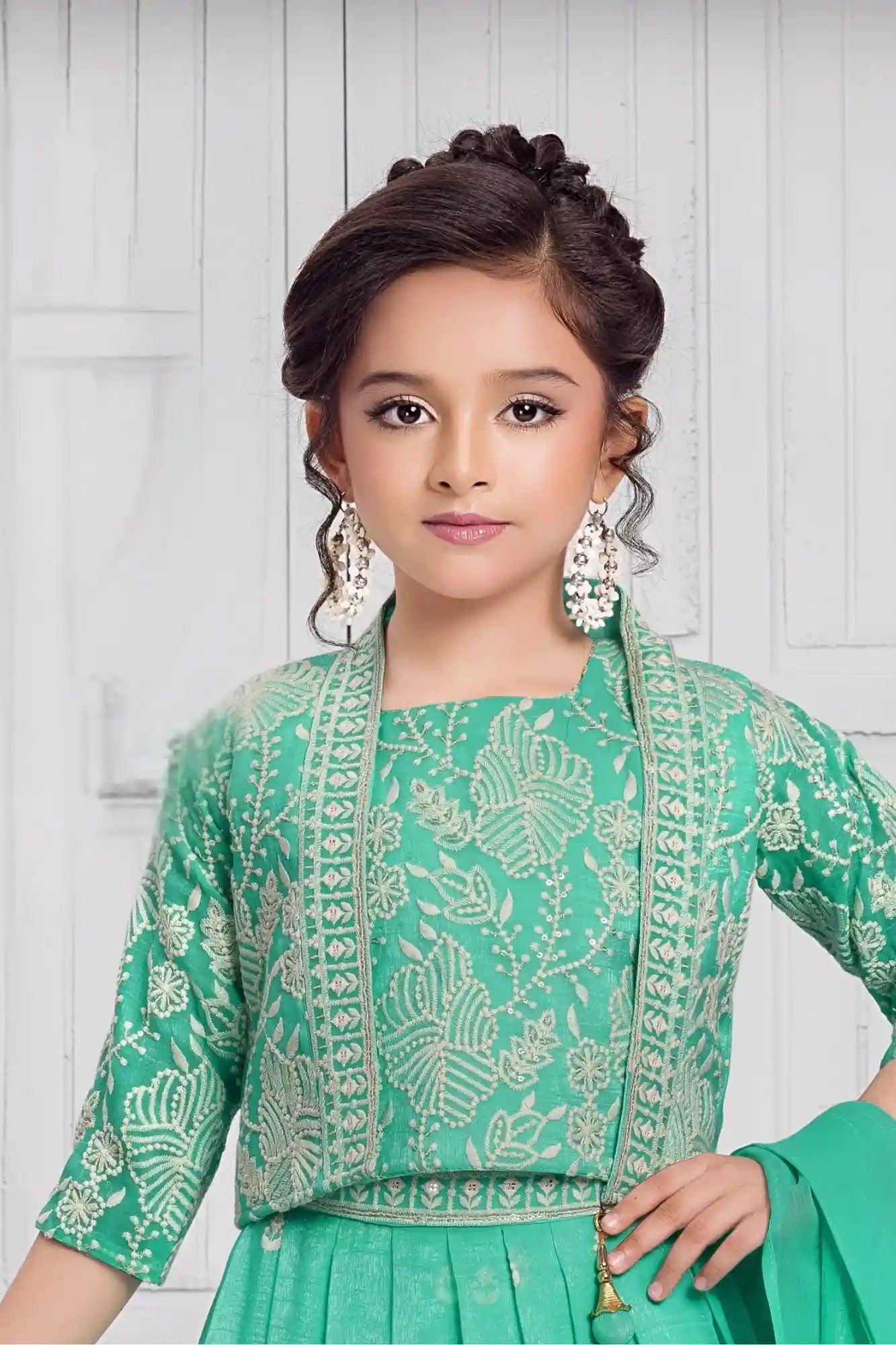 Sea Green Embroidered 3-Piece Ethnic Lehenga Choli Set with Dupatta For Girls