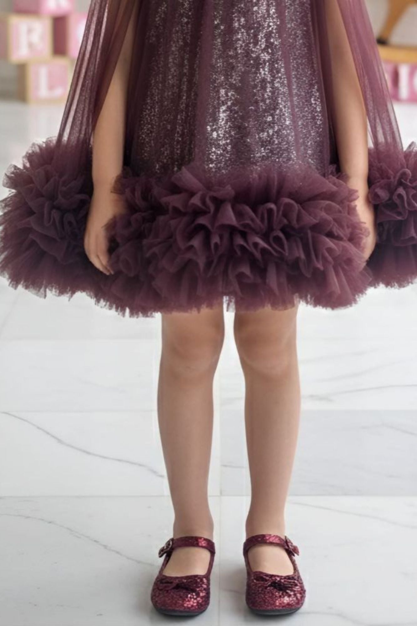Wine Sequin Cape Style Party Frock For Girls
