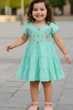 Elegant Turquoise Hakoba And Embroidered Frock For Girls