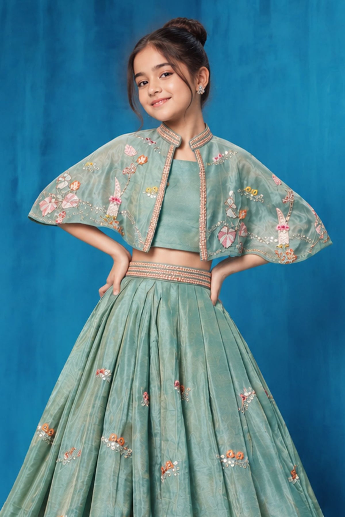 Girls Sage Green Floral Embroidered Cape Lehenga Choli