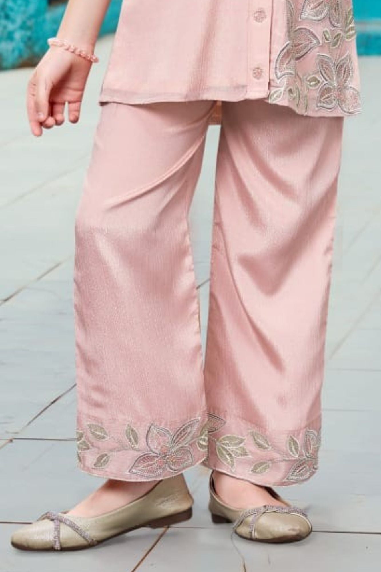 Pink Embroidered Shirt with Straight Pants Co-ord Set For Girls