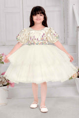 Elegant Cream Party Frock With Puffy Sleeves And Sequins Work For Girls