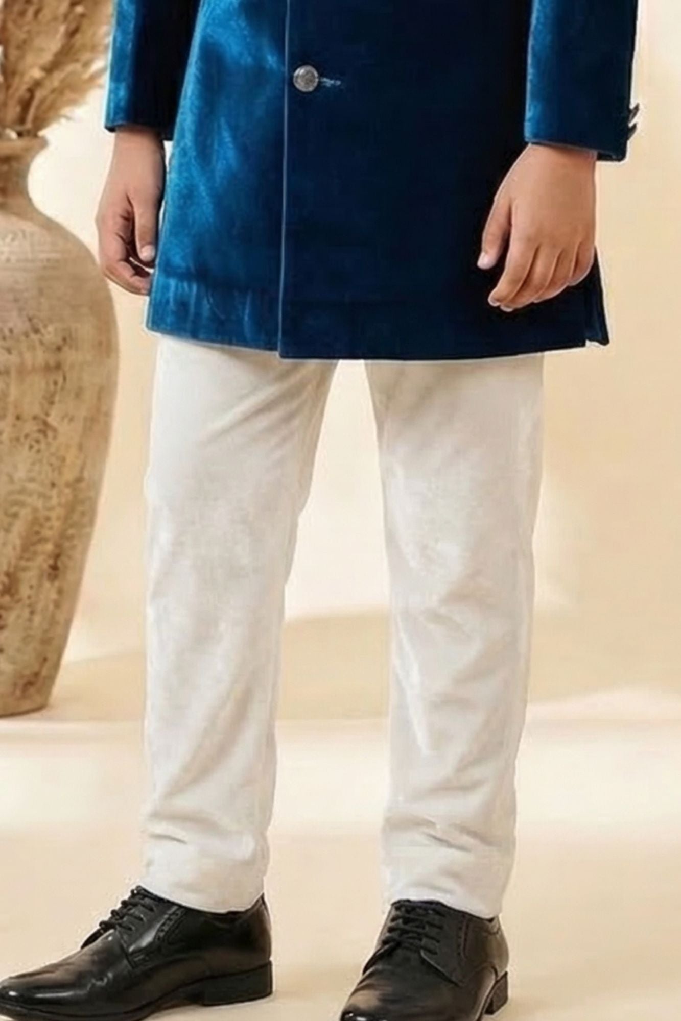 Teal Blue Sherwani Set with Tiger Embroidered Motif For Boys
