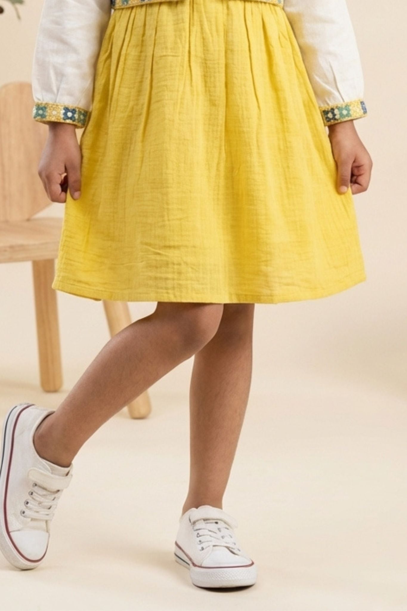 Mustard Yellow & Ivory Embroidered Dress With Cropped Jacket For Girls