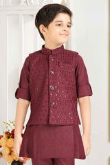 Maroon Full Sleeves Kurta With Sequin Embroidered Waist Coat Set For Boys