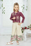 Wine And Beige Floral Embroidered Co-ord Set with Jacket For Girls