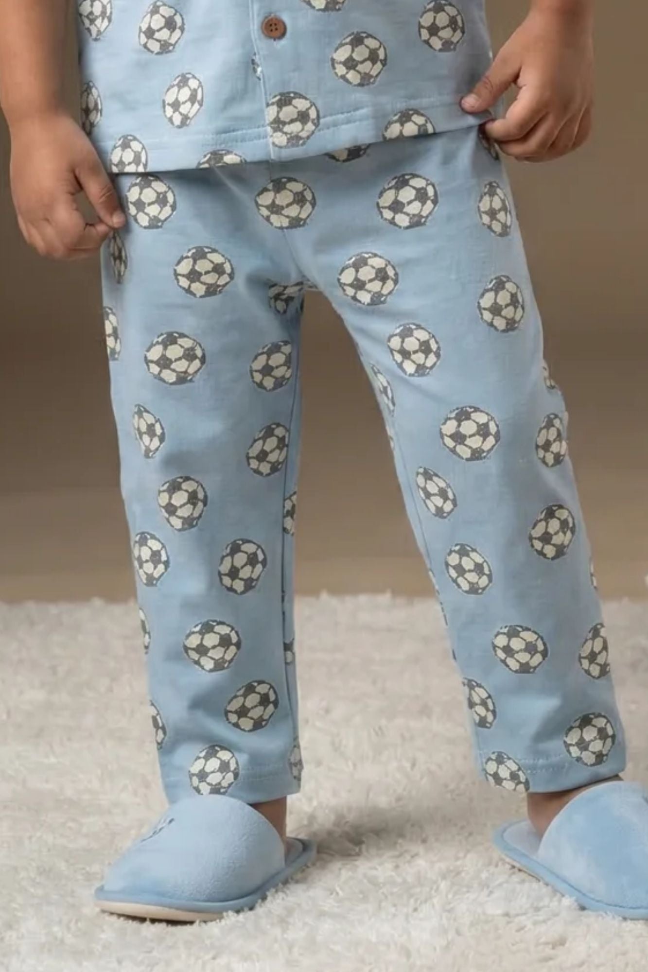 Powder Blue Football Print Cotton Night Suit Set For Boys