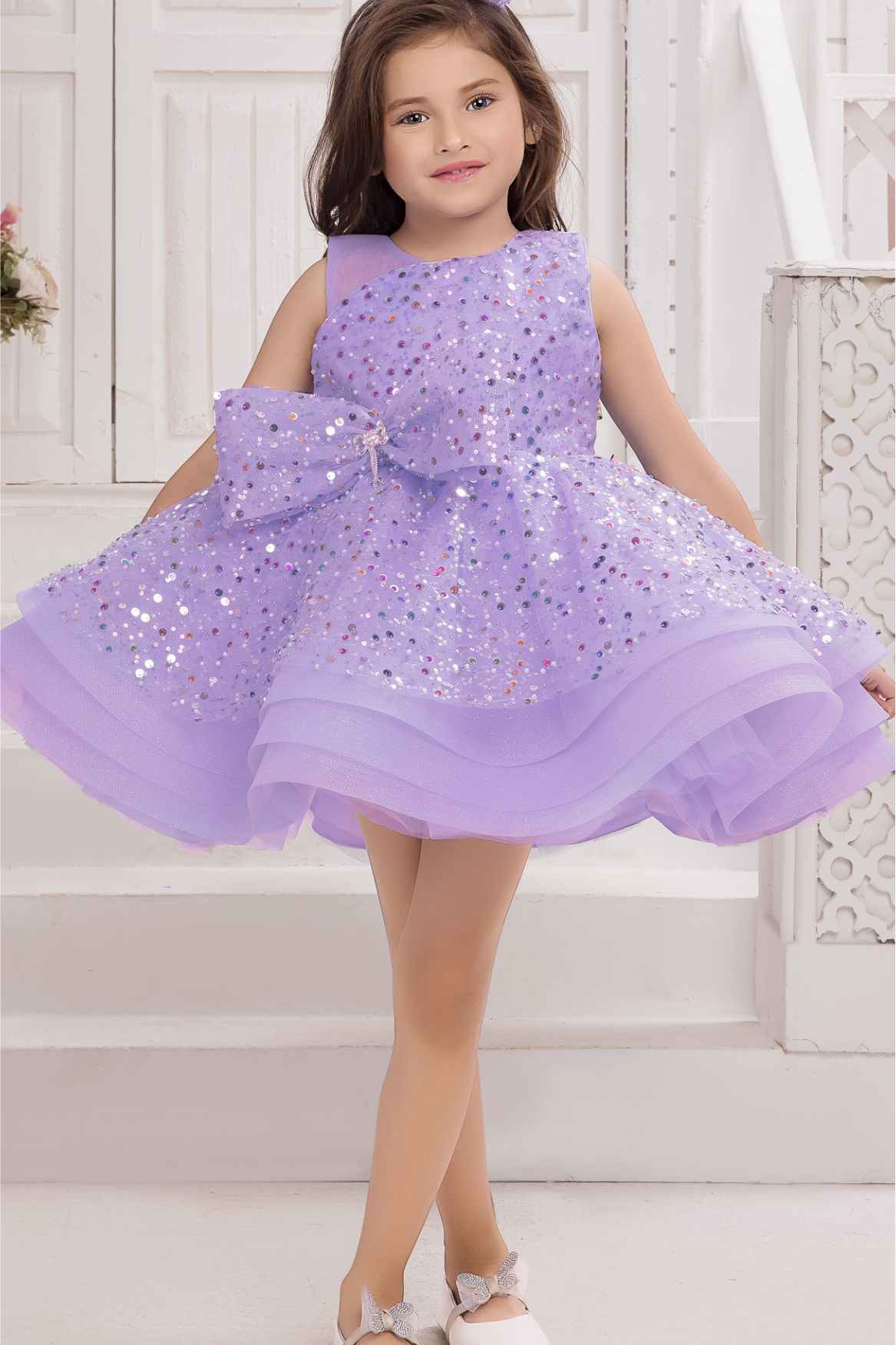 Twinkle Star Lavender Bow Embellished And Sequin Party Frock for Girls
