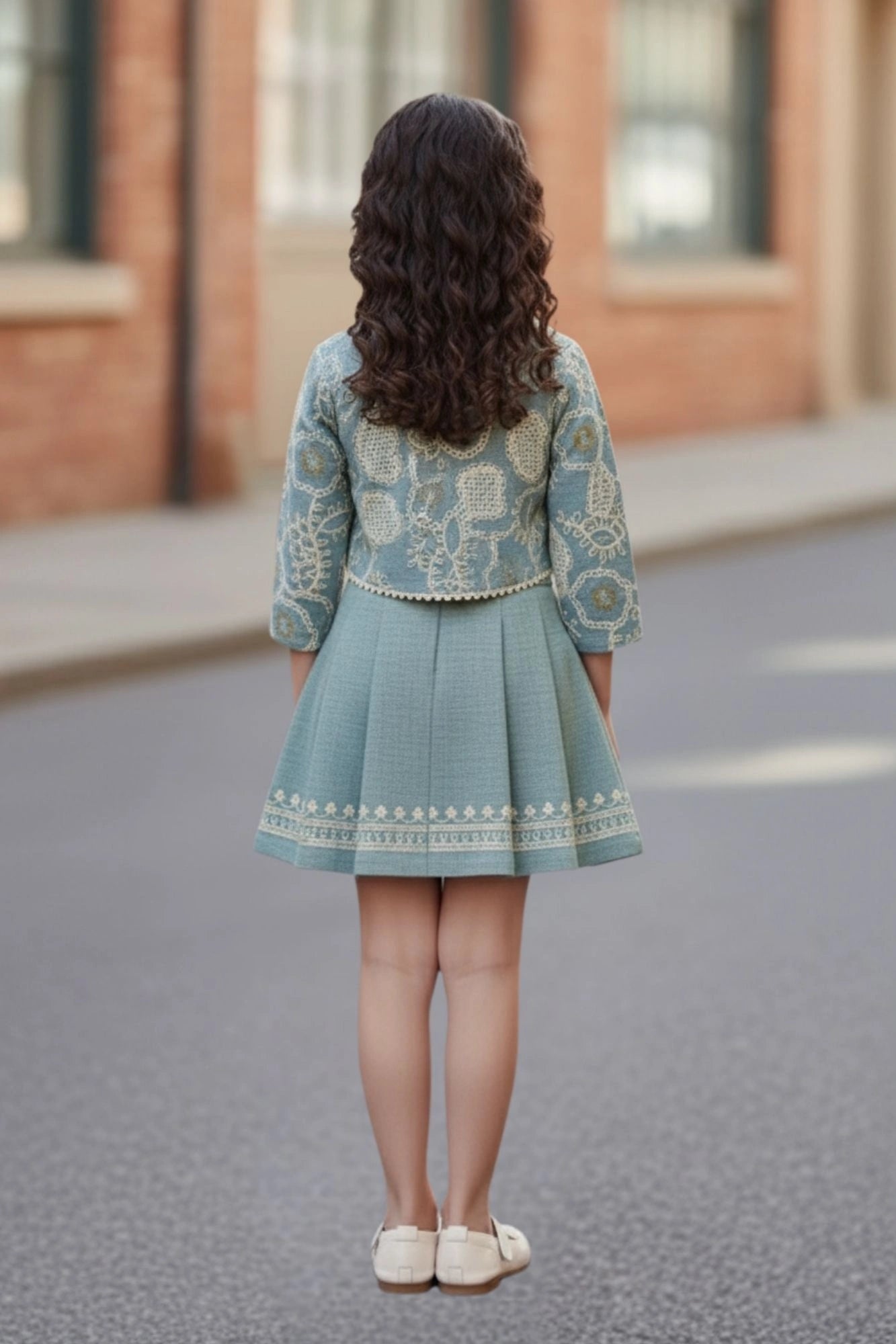 Sea Green Embroidered Jacket & Skirt Co-ord Set For Girls