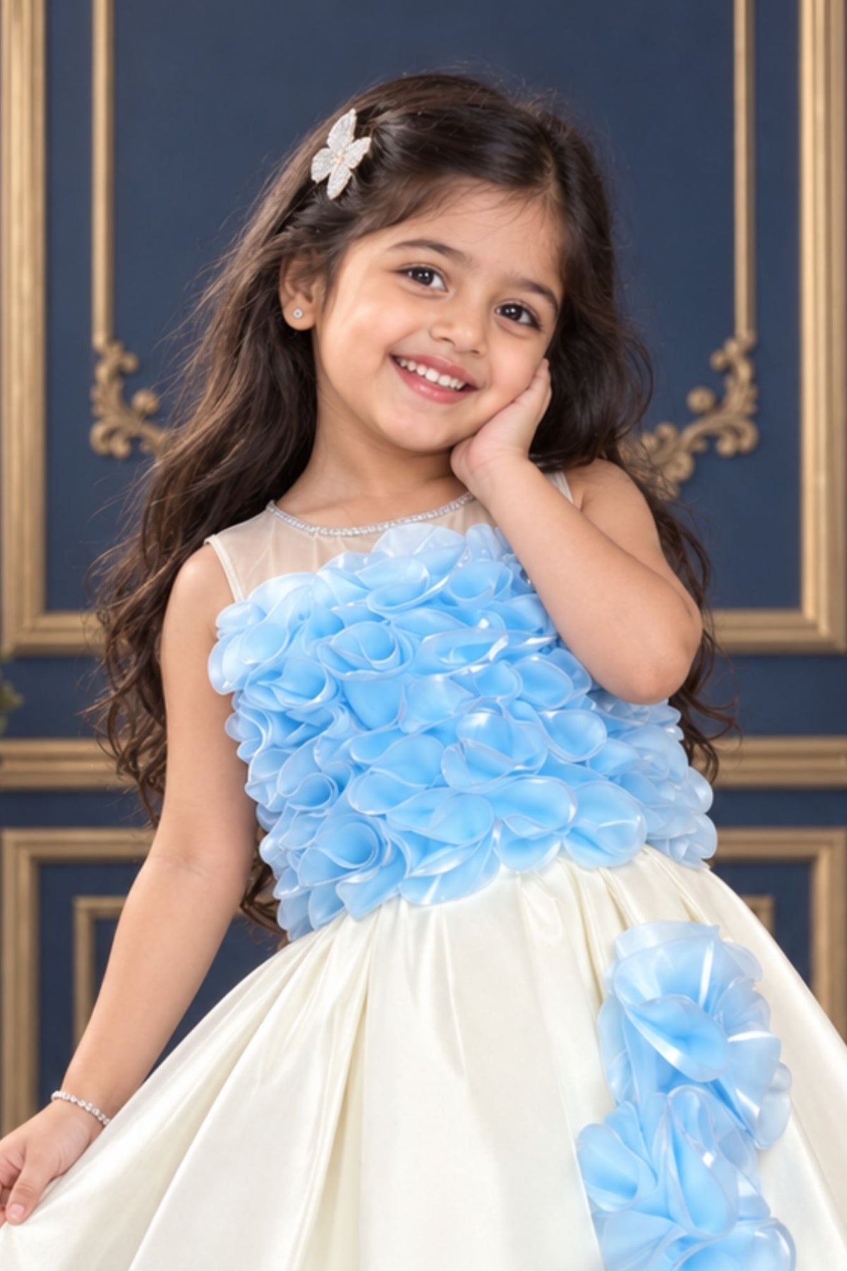 Stylish Blue And Cream Ruffled Frock For Girl