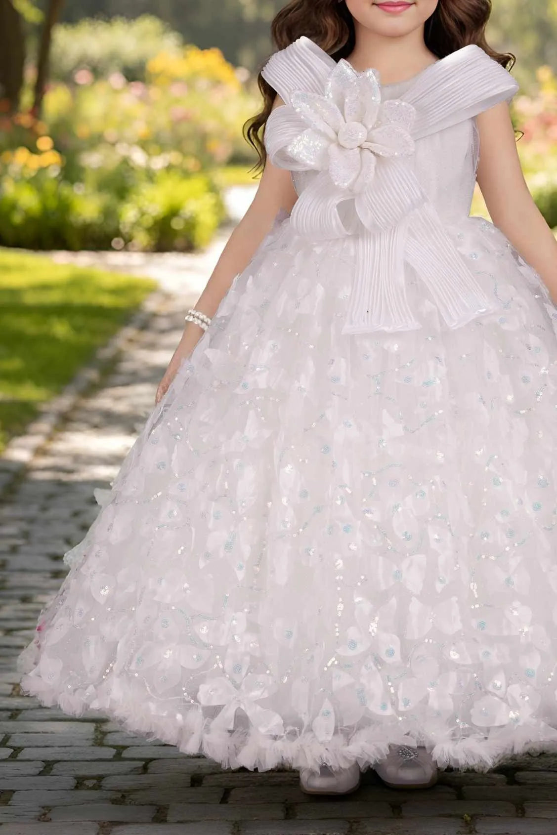 White Floral Appliqué Princess Gown For Girls
