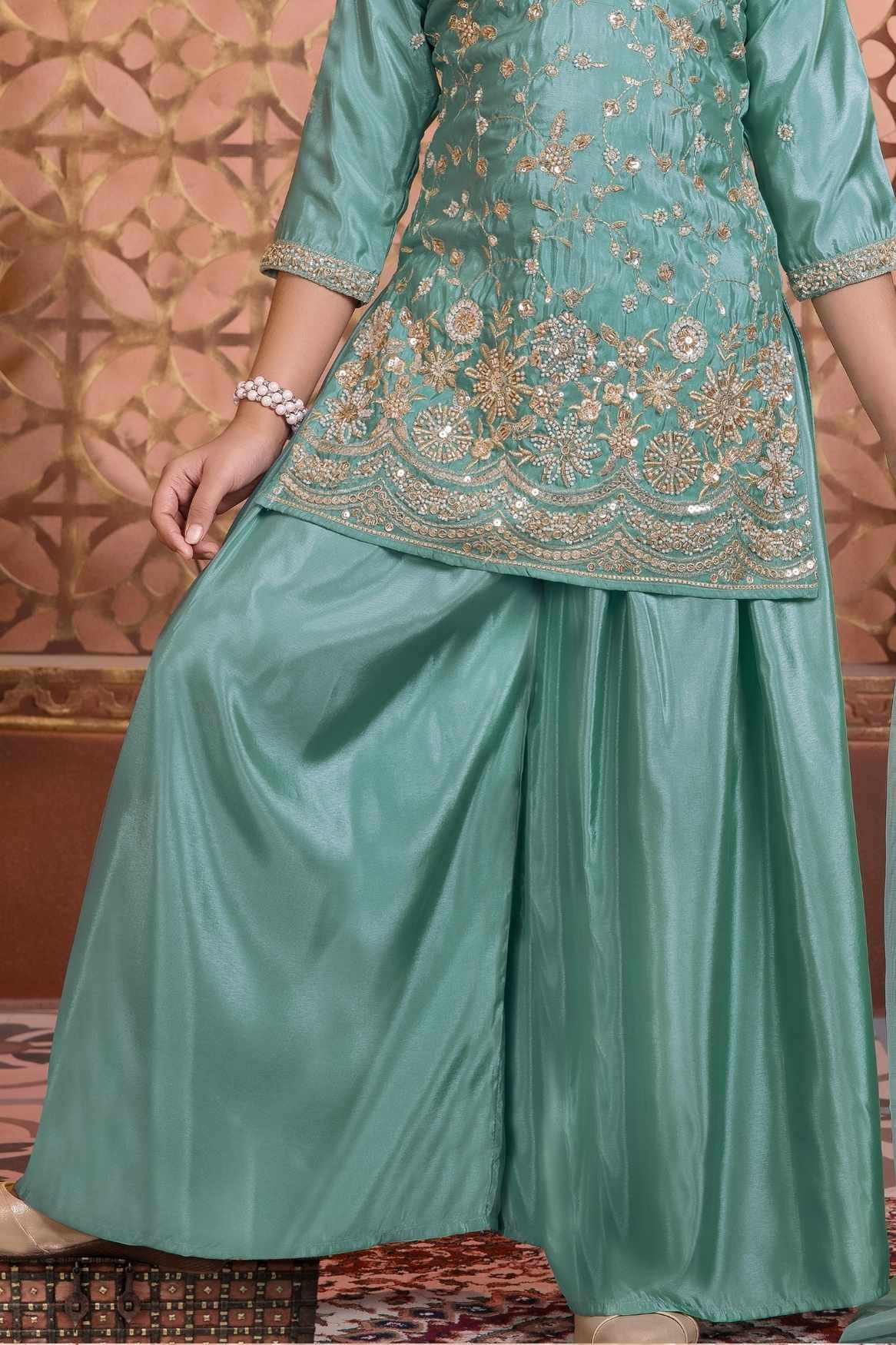 Sea Green Embroidered Palazzo Set with Dupatta For Girls