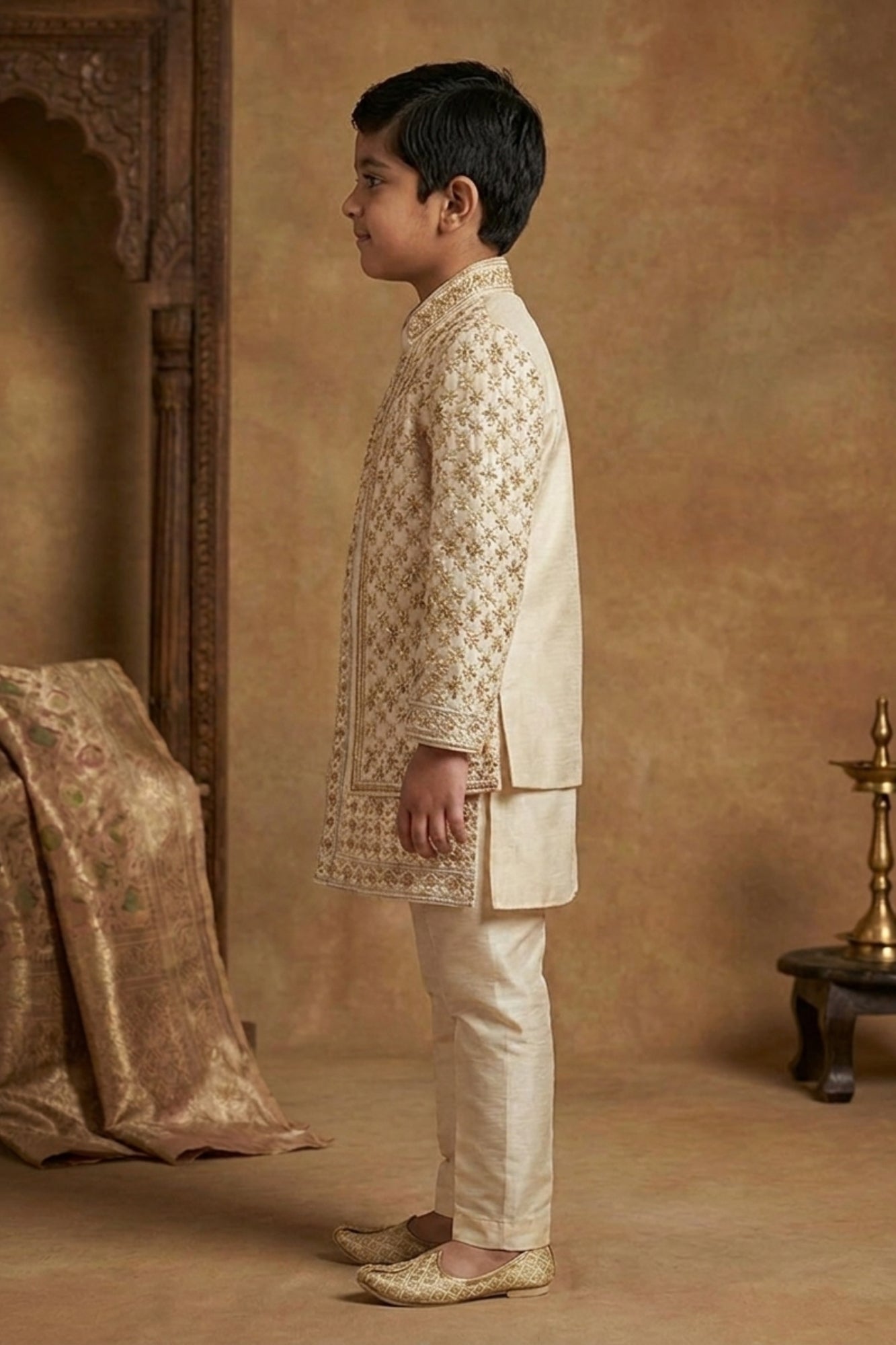 Ivory Heavy Embroidered Indo Western Sherwani Set For Boys