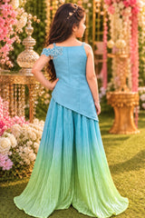 Elegant Aqua Blue Floral Embellished Pleated Palazzo Set for Girls