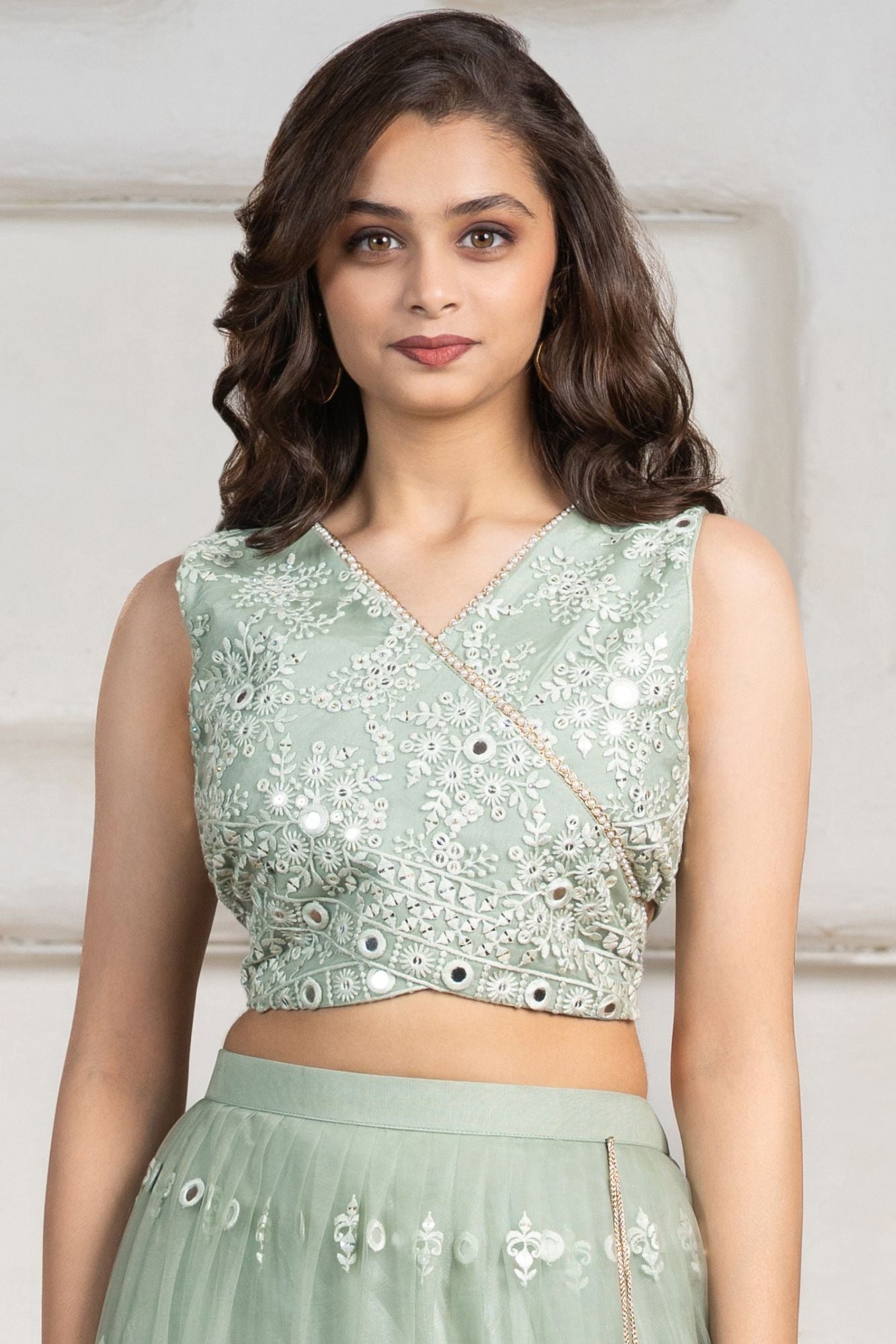 Sea Green Embroidered Lehenga Choli Set with Dupatta For Girls