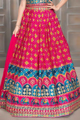 Rani Pink And Blue Embroidered With Sequin Work Lehenga Choli Set For Girls