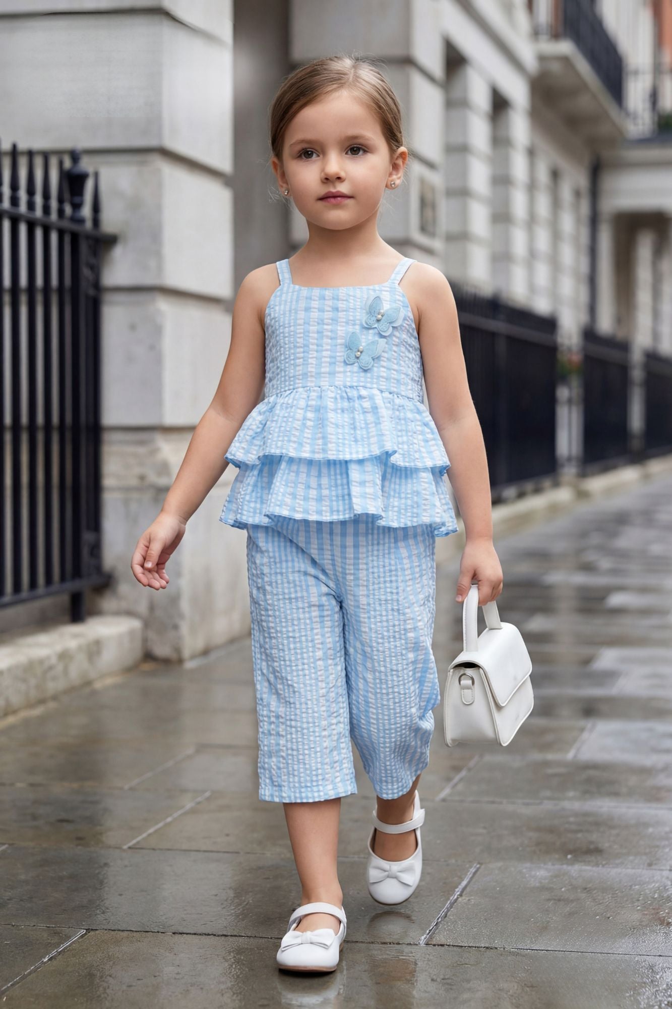 Girls Blue Striped Ruffle Co-Ord Set with Butterfly Applique