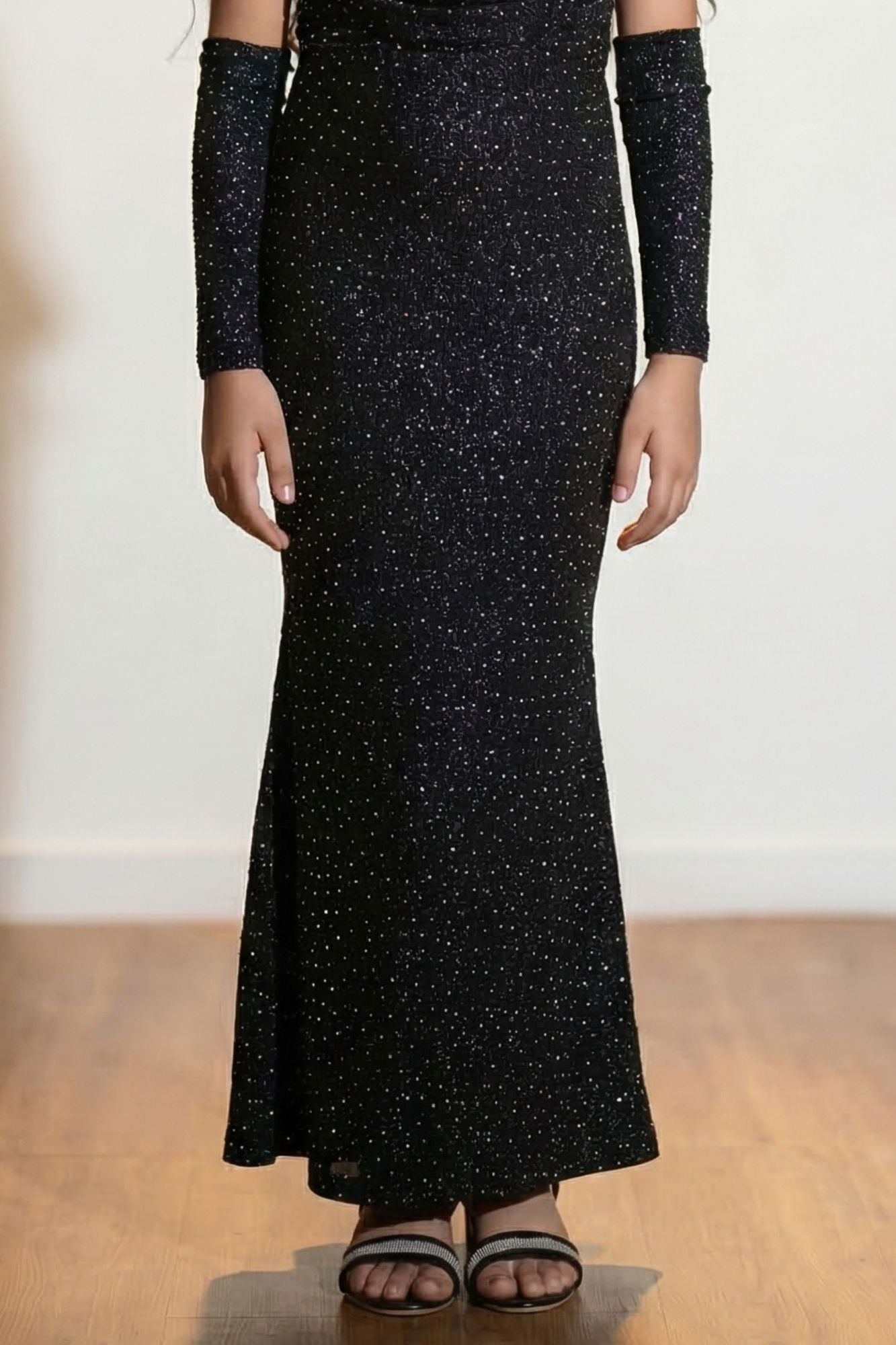 Black Glitter Off-Shoulder Party Wear Gown With Arm Sleeves For Girls