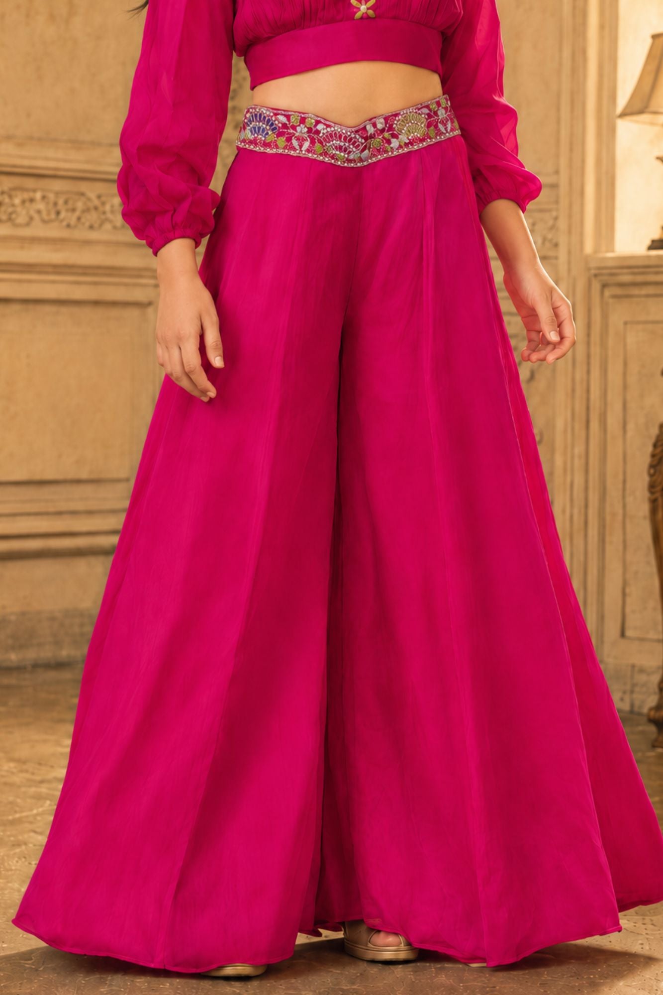 Rani Pink Embroidered Palazzo Set with Wide Leg Pants