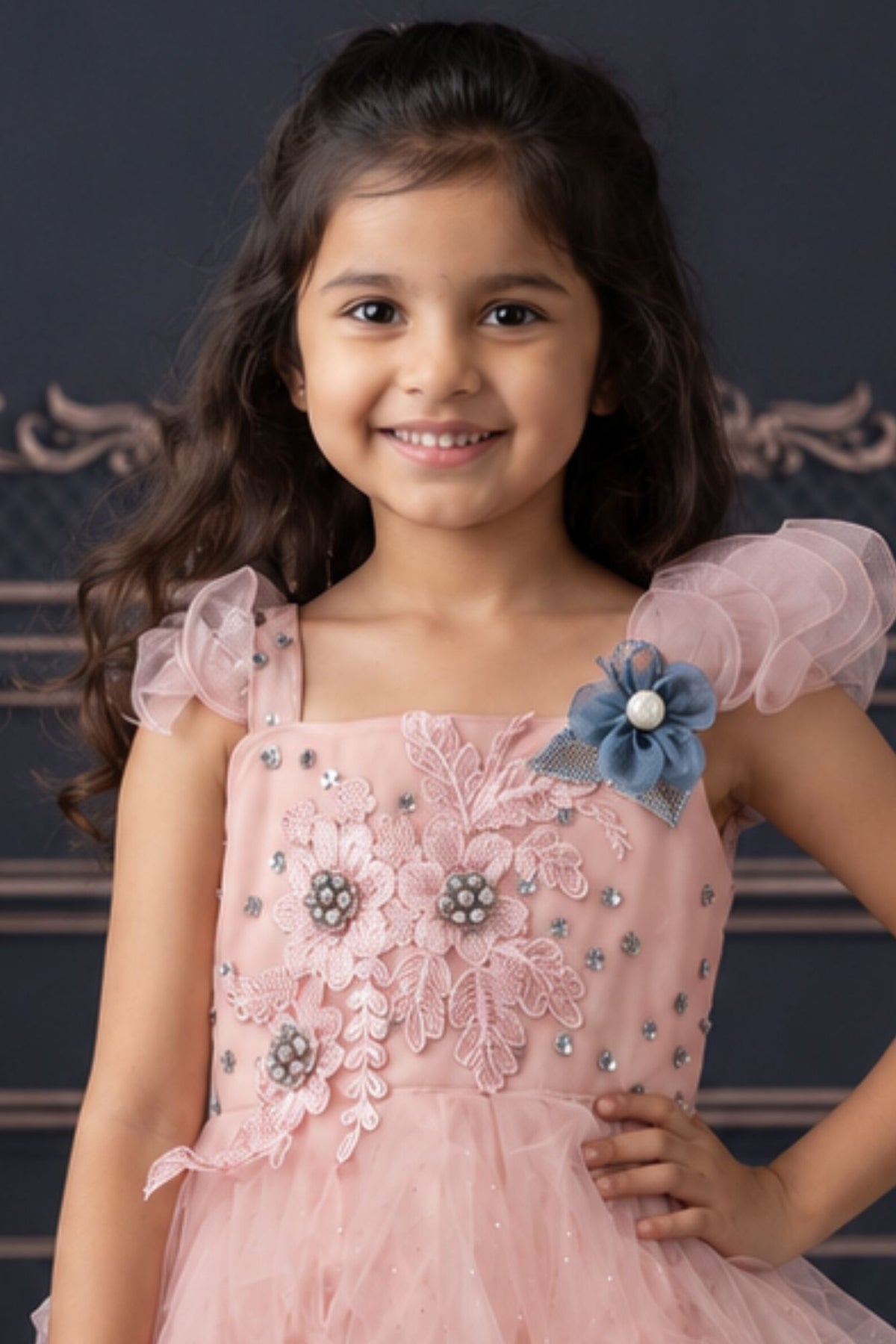 Girls Blush Pink Floral Embellished Layered Party Wear Gown