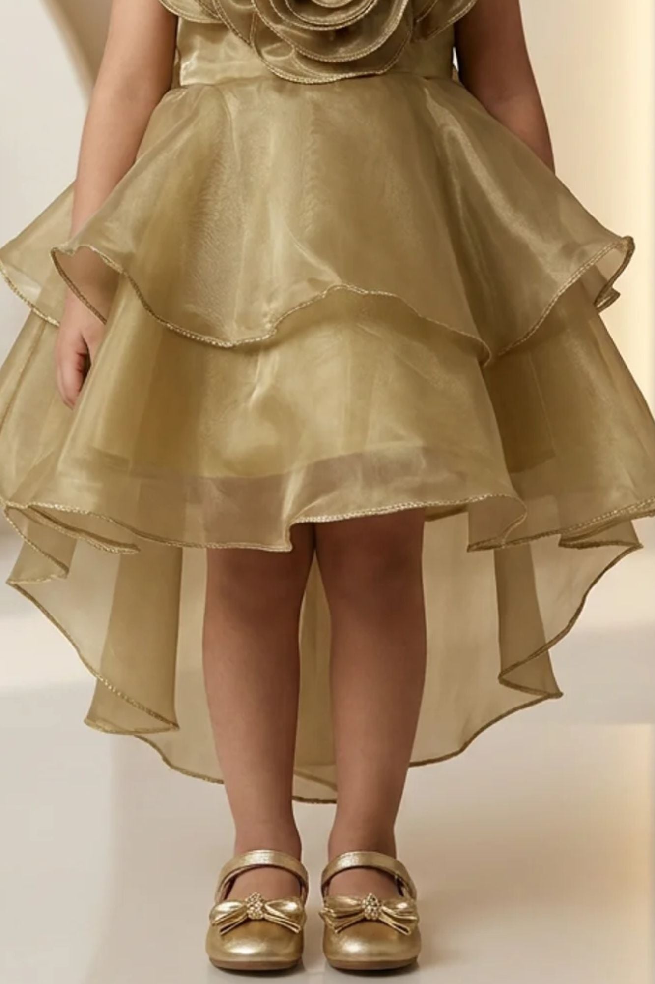 Gold High Low Party Frock with 3D Floral Applique and Layered
