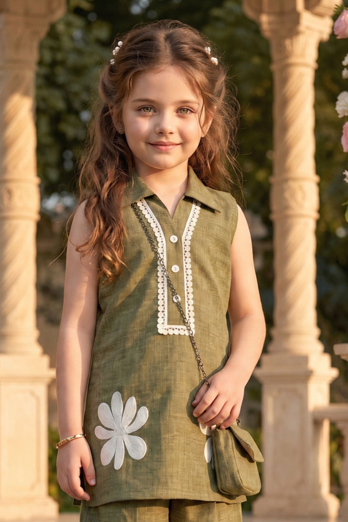 Olive & White Floral Embroidered Sleeveless Co-ord Set For Girls