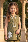 Olive & White Floral Embroidered Sleeveless Co-ord Set For Girls