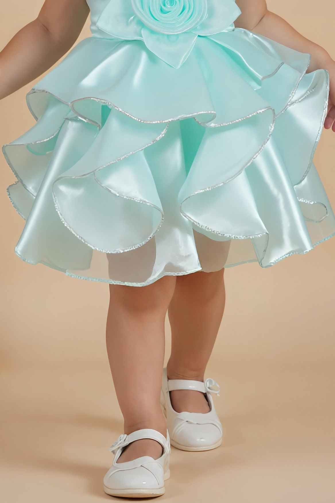 Sea Green Ruffled Organza Party Frock With Floral Appliqué For Girls