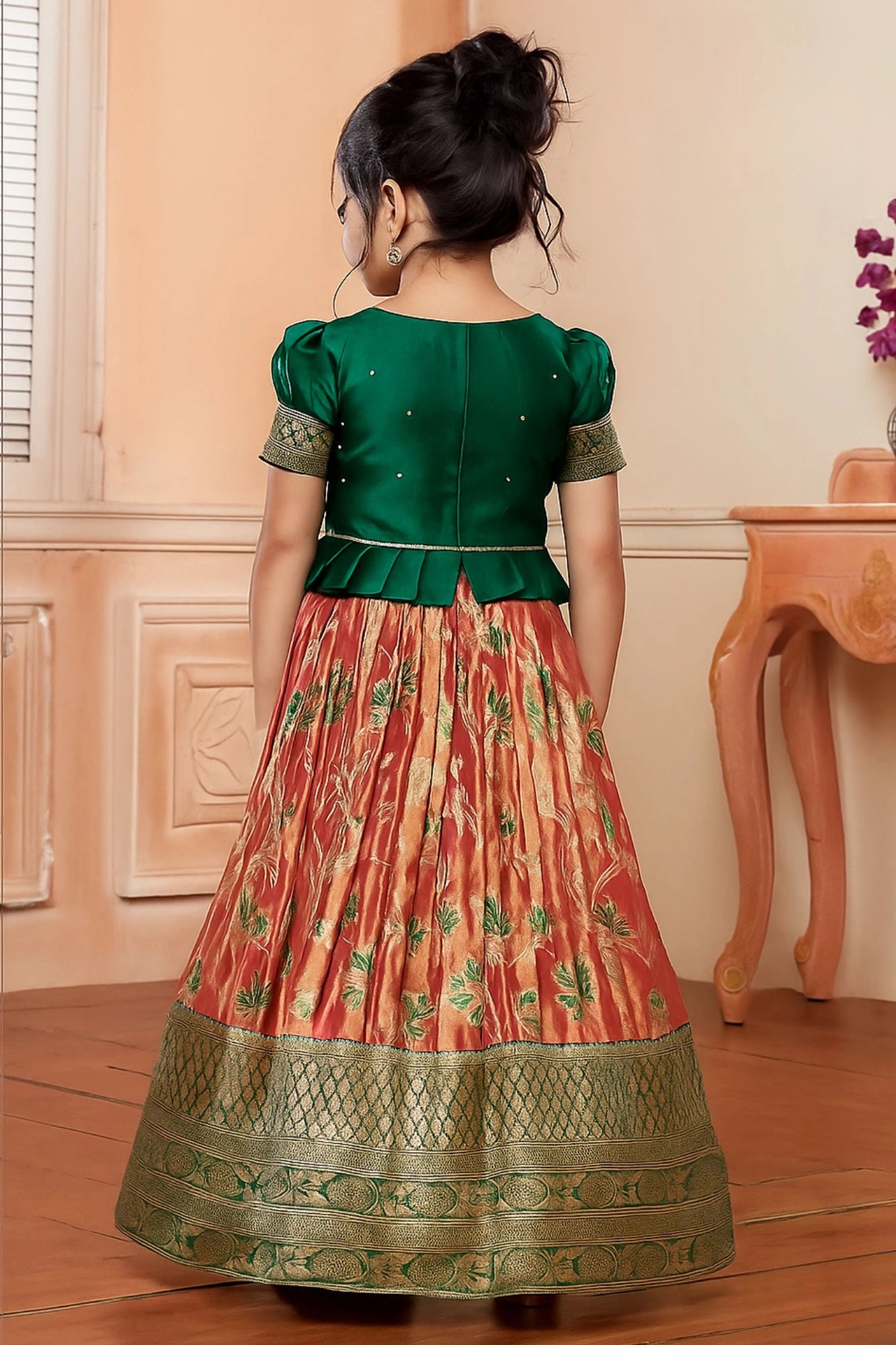 Green & Peach Banarasi Tissue Silk Pattu Pavadai Set with Embroidered Collar For Girls