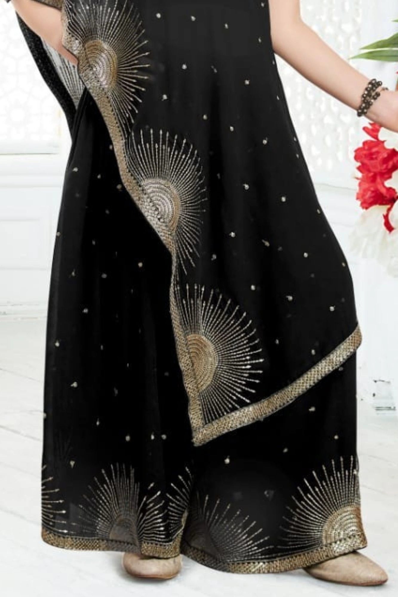 Designer Black Embellished One-Shoulder Palazzo Set For Girls