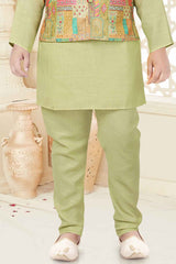 Pista Green Kurta With Printed And Sequin Embroidery Bandi For Boys